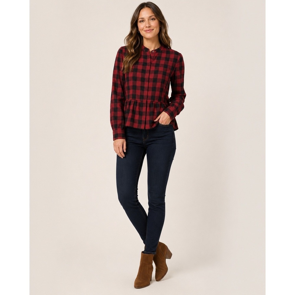 Madewell Button Front Shirt Womens XS Black Red Buffalo Plaid Cotton Linen